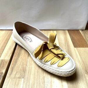 Tod's Women Beige Leather Espadrille Loafer Flats Suede Ribbon Bow Size 5.5
